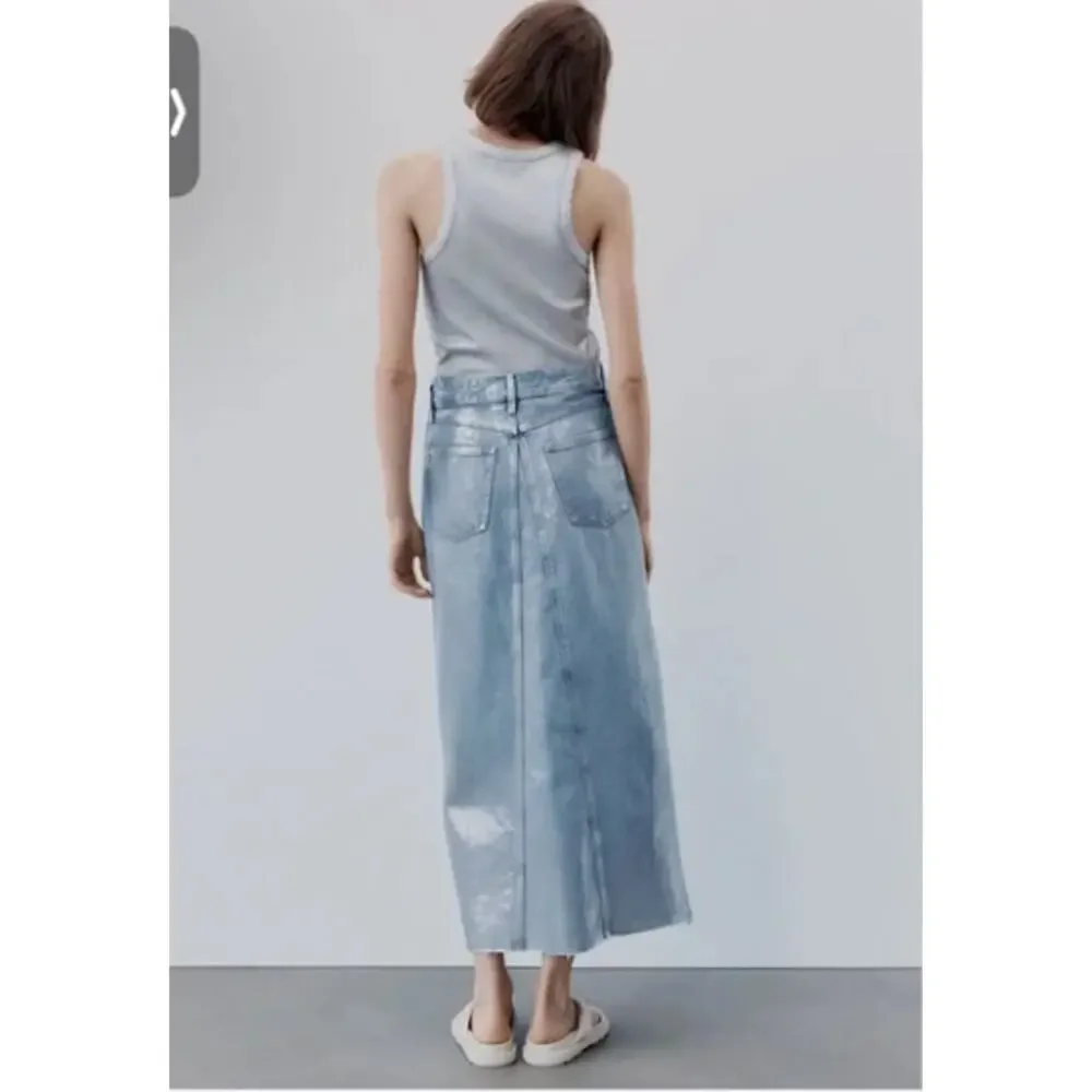 Zara Metallic Denim Skirt Coated Silver Maxi Asymmetric w/ Slit Futuristic NWT S